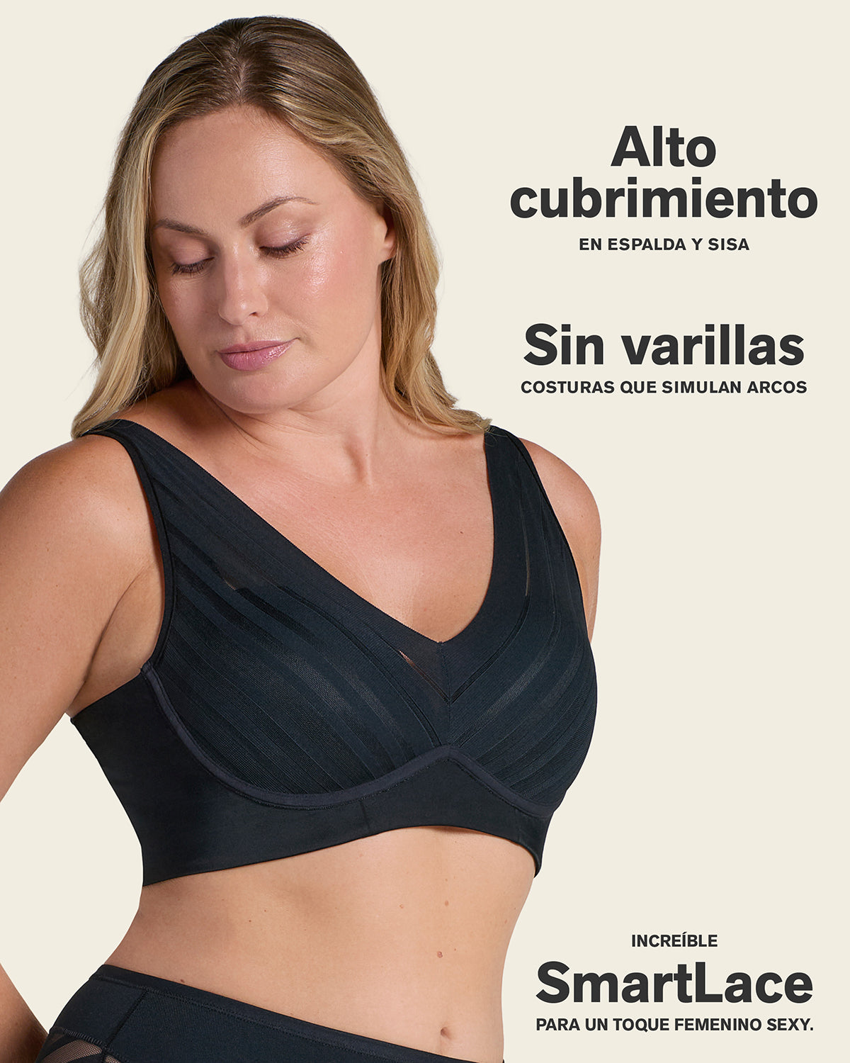 Sujetador sin aro, alto cubrimiento en escote y espalda