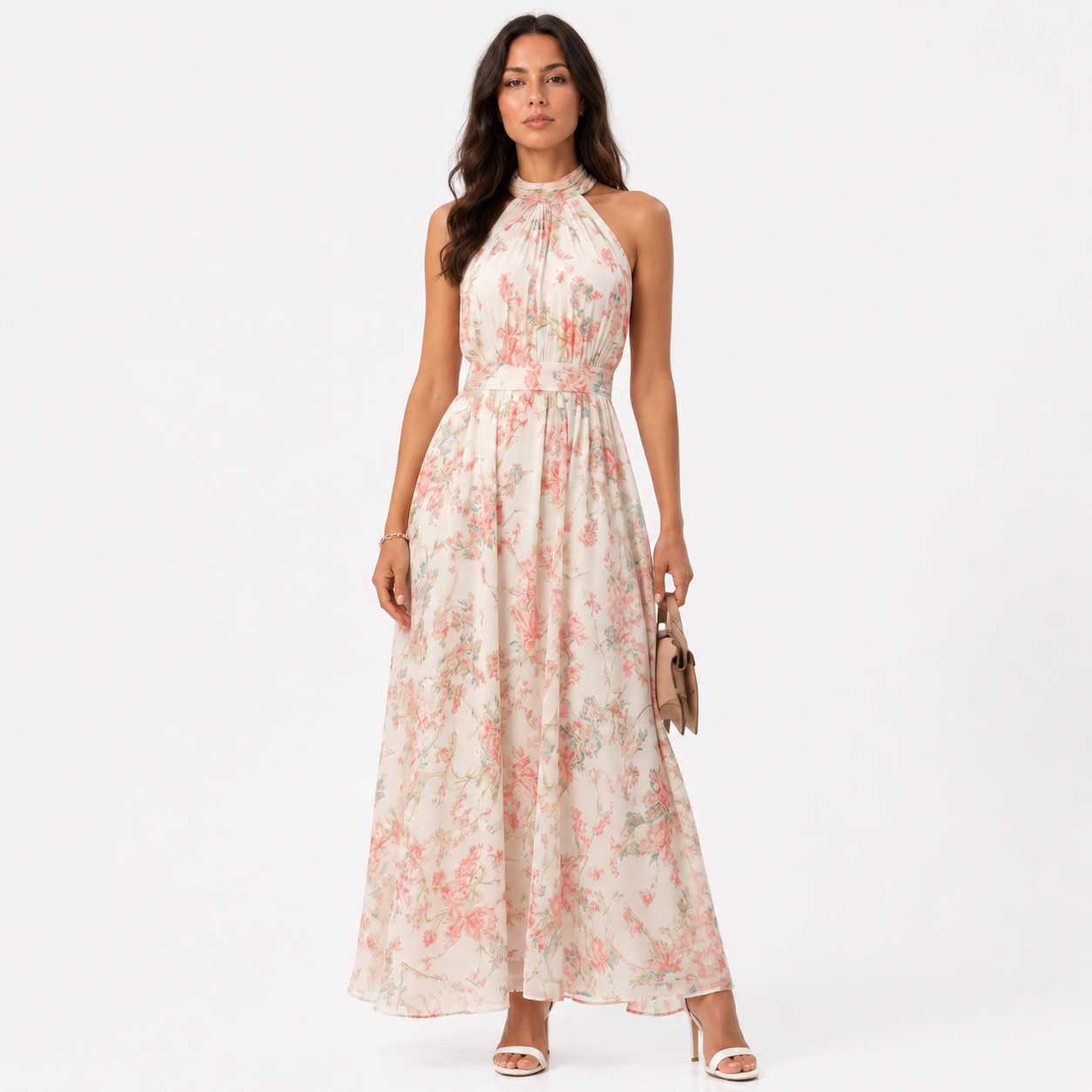 Vestido largo floral con cuello Halter