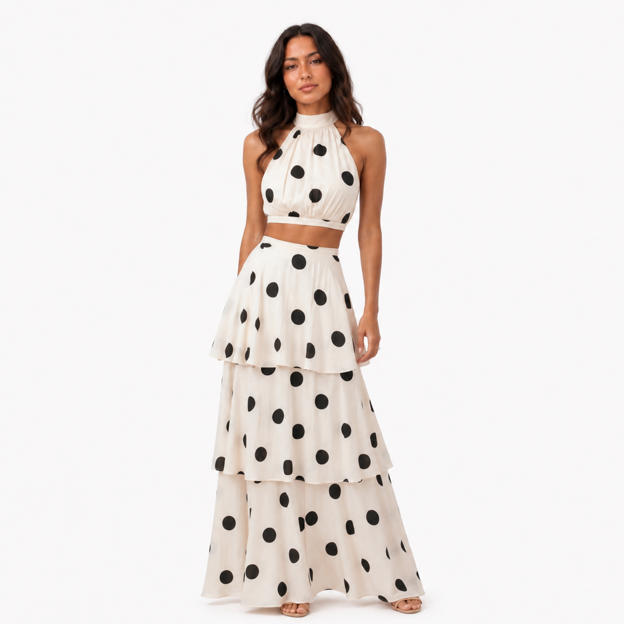 Conjunto top y falda larga de lunares